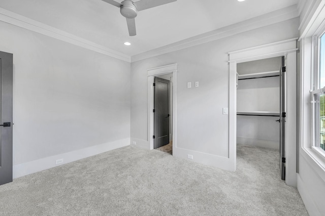 343 Circuit Rd, Franklin, TN 37064 - unfurnished bedroom featuring carpet flooring, a spacious closet, ornamental molding, recessed lighting, and a ceiling fan