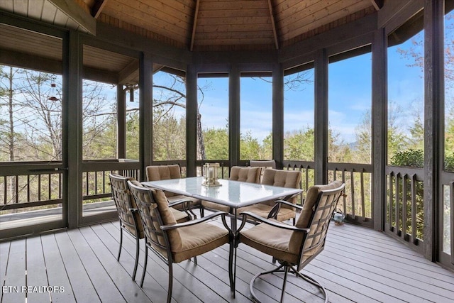 802 Stonegate Way, Townsend, TN 37882 - sunroom featuring outdoor dining area, a deck, hardwood / wood-style floors, wooden ceiling, and vaulted ceiling