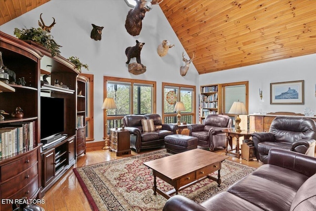802 Stonegate Way, Townsend, TN 37882 - living room featuring high vaulted ceiling, wood ceiling, and light wood-style flooring
