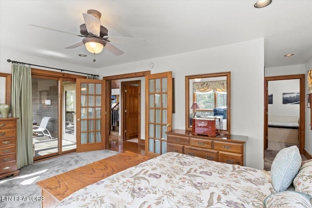 802 Stonegate Way, Townsend, TN 37882 - bedroom featuring access to outside, french doors, recessed lighting, a ceiling fan, and carpet