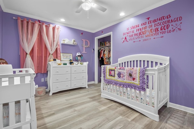 314 W 2nd St, Jasper, TN 37347 - bedroom featuring ornamental molding, a nursery area, wood finished floors, ceiling fan, and recessed lighting