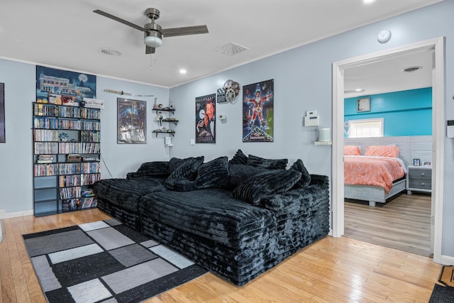314 W 2nd St, Jasper, TN 37347 - living room with wood-type flooring, ceiling fan, crown molding, and recessed lighting
