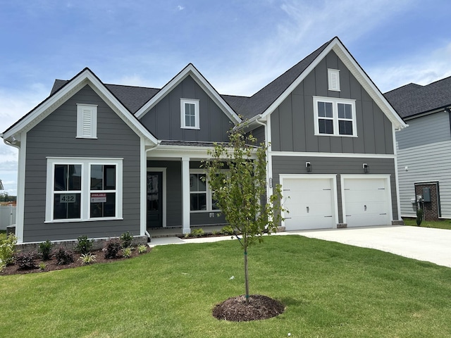 5416 Bridgemore Blvd, Murfreesboro, TN 37129 - view of front of home featuring board and batten siding, concrete driveway, a porch, a garage, and a front yard