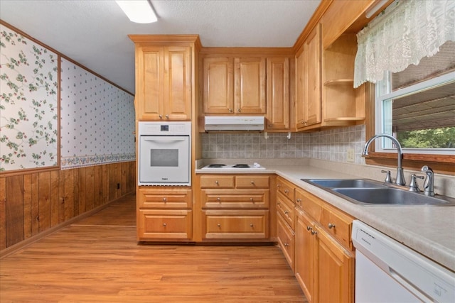 718 Midway St, Lewisburg, TN 37091 - kitchen with white appliances, under cabinet range hood, wainscoting, light wood-type flooring, and wallpapered walls