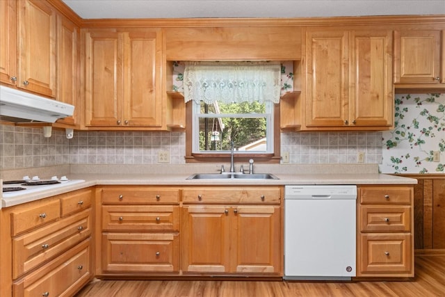 718 Midway St, Lewisburg, TN 37091 - kitchen featuring white appliances, under cabinet range hood, light countertops, and light wood-type flooring