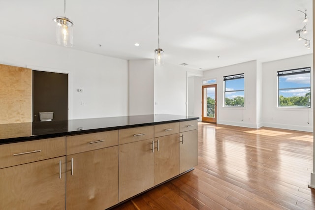 2201 8th Ave S Unit 306, Nashville, TN 37204 - kitchen featuring open floor plan, light brown cabinetry, wood finished floors, dark countertops, and decorative light fixtures