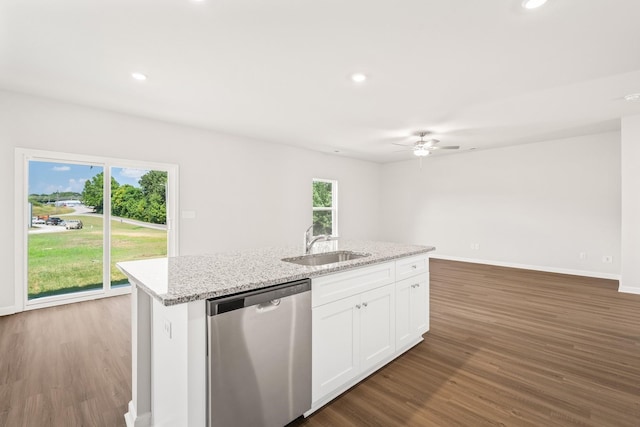 2040 Lala Loop, White Bluff, TN 37187 - kitchen featuring stainless steel dishwasher, ceiling fan, wood finished floors, a kitchen island with sink, and white cabinetry