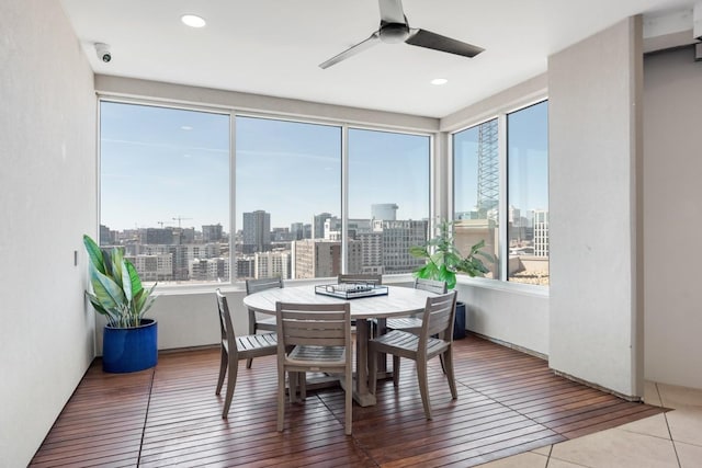 20 Rutledge St Unit 407, Nashville, TN 37210 - dining space with a view of skyline, plenty of natural light, a ceiling fan, wood finished floors, and recessed lighting