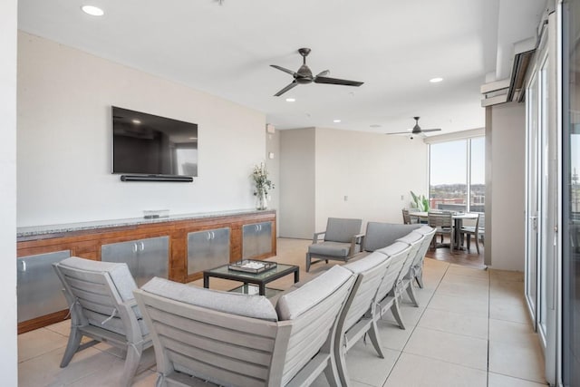 20 Rutledge St Unit 407, Nashville, TN 37210 - living area featuring a ceiling fan, light tile patterned floors, and recessed lighting