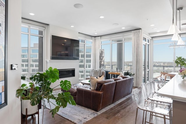20 Rutledge St Unit 407, Nashville, TN 37210 - living room featuring wood finished floors, a glass covered fireplace, healthy amount of natural light, and recessed lighting
