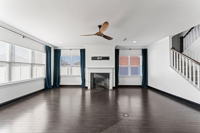 824 Promise Way, Murfreesboro, TN 37128 - unfurnished living room with crown molding, dark wood-type flooring, a fireplace, ceiling fan, and stairway