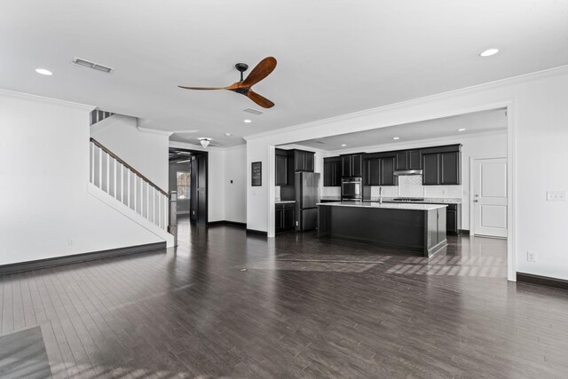 824 Promise Way, Murfreesboro, TN 37128 - unfurnished living room with crown molding, ceiling fan, stairway, recessed lighting, and dark wood finished floors