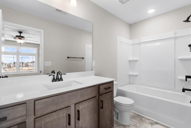 202 W Fallow Ct, Clarksville, TN 37040 - full bathroom with vanity, a ceiling fan, shower / bathtub combination, and marble finish flooring