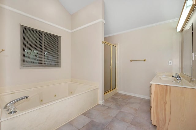 27615 Shannon Rd, Ardmore, AL 35739 - full bath with a jetted tub, a stall shower, vanity, crown molding, and tile patterned floors