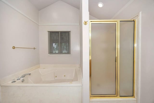 27615 Shannon Rd, Ardmore, AL 35739 - full bathroom with a shower stall, a tub with jets, and vaulted ceiling