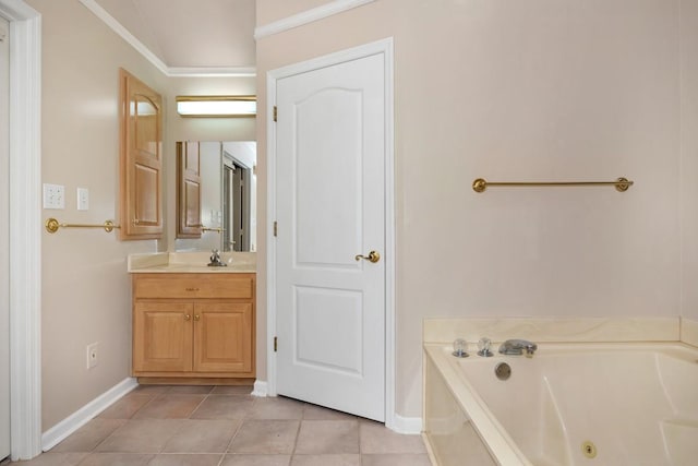 27615 Shannon Rd, Ardmore, AL 35739 - bathroom with a whirlpool tub, vanity, ornamental molding, and tile patterned floors