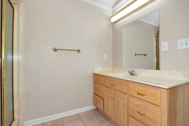 27615 Shannon Rd, Ardmore, AL 35739 - full bathroom with crown molding, vanity, tile patterned floors, and a shower with door