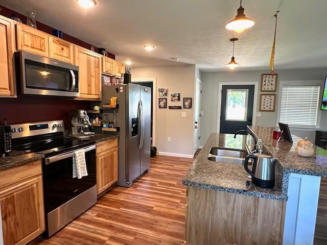 2082 Airport Ridge Rd, Linden, TN 37096 - kitchen with appliances with stainless steel finishes, wood finished floors, a center island with sink, light brown cabinets, and recessed lighting