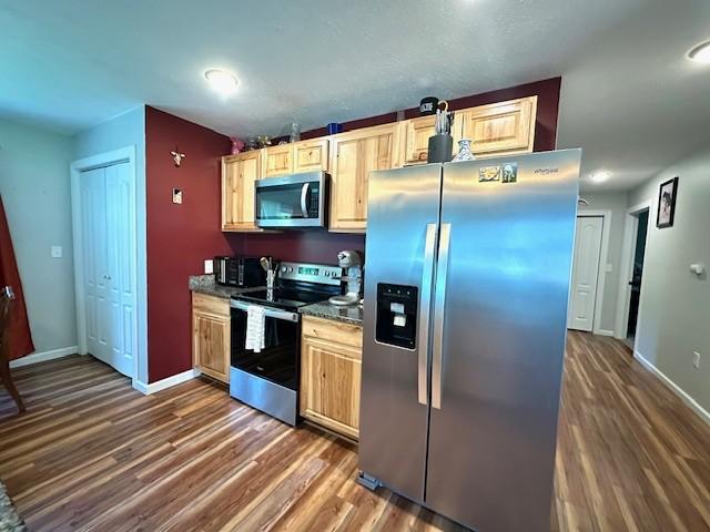 2082 Airport Ridge Rd, Linden, TN 37096 - kitchen with stainless steel appliances, dark wood-style floors, and light brown cabinets