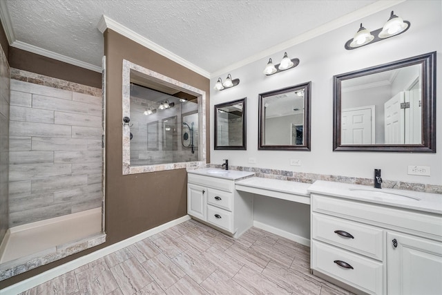1901 Rickman Rd, Livingston, TN 38570 - bathroom featuring two vanities, a tile shower, crown molding, and a textured ceiling