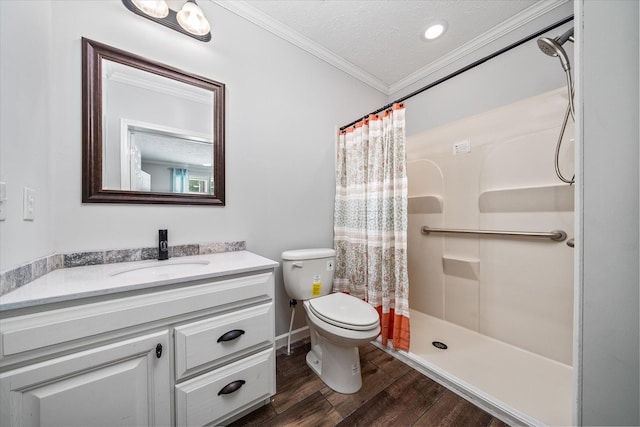 1901 Rickman Rd, Livingston, TN 38570 - bathroom with crown molding, wood finished floors, vanity, a shower with curtain, and a textured ceiling
