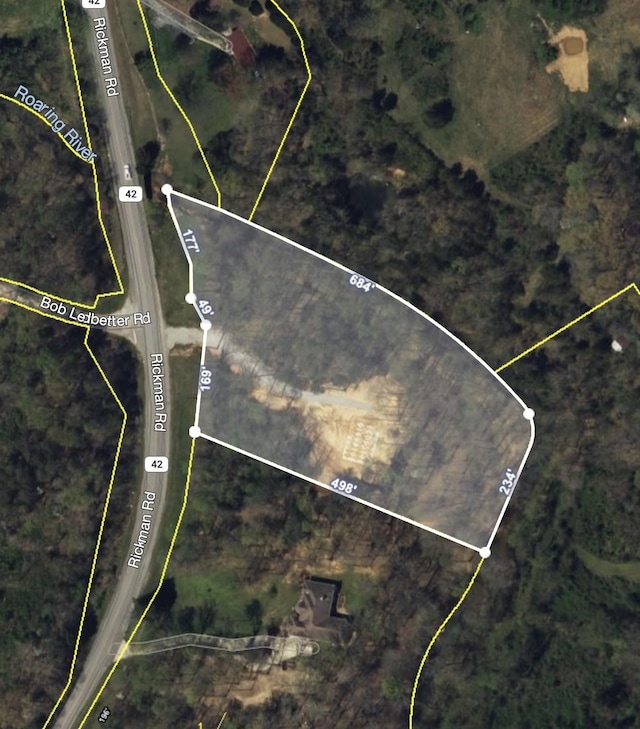 1901 Rickman Rd, Livingston, TN 38570 - aerial map of property and surrounding area with property parcel outlined