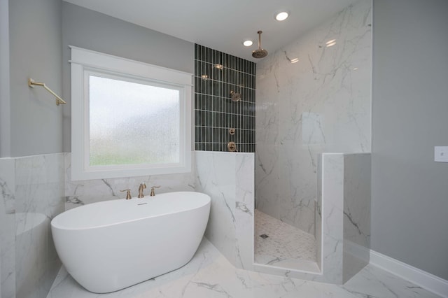5077B Florence Rd, Murfreesboro, TN 37129 - full bathroom featuring a marble finish shower, a soaking tub, tile walls, marble finish floors, and recessed lighting