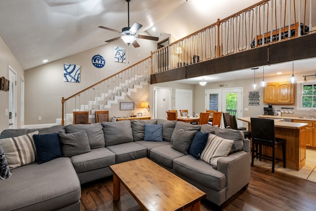 165 Kangaroo Ridge Rd, Byrdstown, TN 38549 - living area featuring stairway, ceiling fan, dark wood-type flooring, high vaulted ceiling, and recessed lighting
