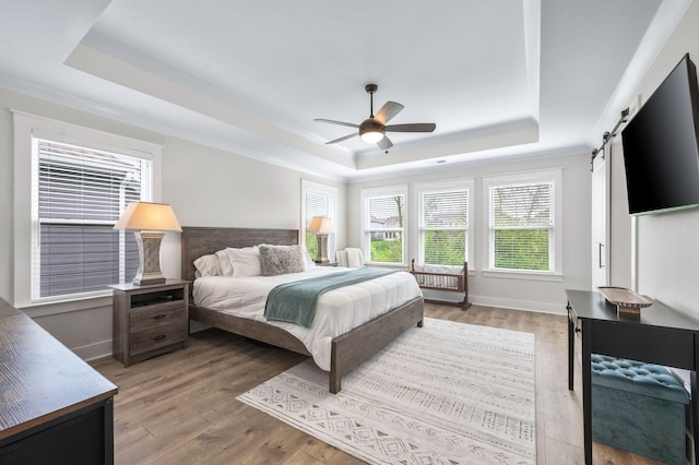 141 Foxhall Dr, Spring Hill, TN 37174 - bedroom featuring a tray ceiling, a barn door, light wood-style floors, and a ceiling fan