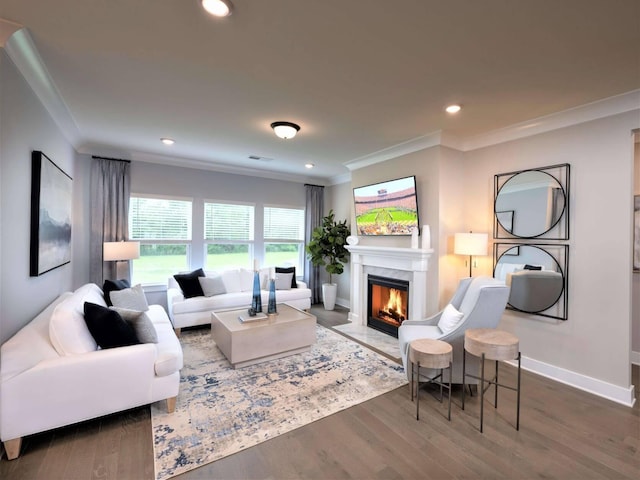 1332 Beasley Blvd, Mount Juliet, TN 37122 - living area featuring crown molding, a premium fireplace, recessed lighting, and wood finished floors