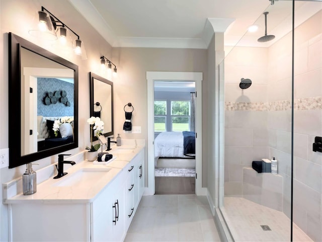 1332 Beasley Blvd, Mount Juliet, TN 37122 - ensuite bathroom with double vanity, walk in shower, ornamental molding, and tile patterned flooring