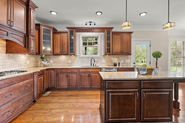 1005 Brittain Downs Dr, Nolensville, TN 37135 - kitchen featuring appliances with stainless steel finishes, crown molding, hanging light fixtures, tasteful backsplash, and light stone counters