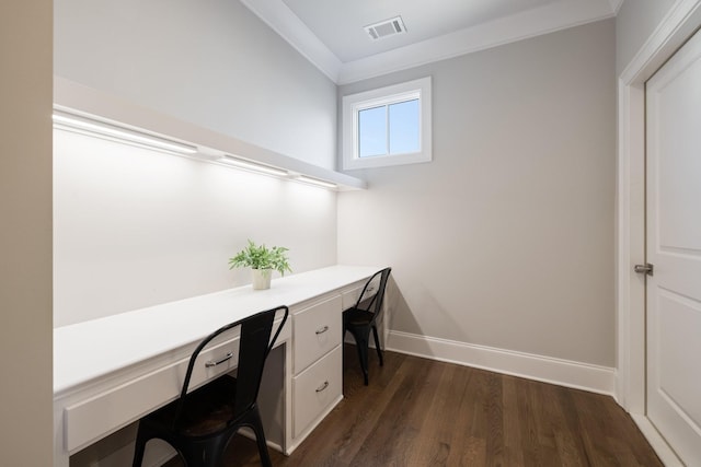 7521 Whiskey Rd, College Grove, TN 37046 - office space featuring dark wood-style floors, built in desk, and ornamental molding