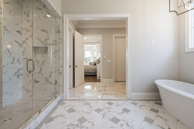 7521 Whiskey Rd, College Grove, TN 37046 - bathroom featuring a marble finish shower, marble finish floors, a freestanding tub, ensuite bathroom, and crown molding