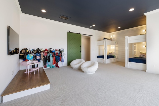 7521 Whiskey Rd, College Grove, TN 37046 - playroom featuring a barn door, carpet floors, and recessed lighting