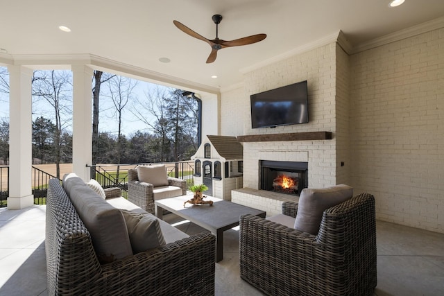 7521 Whiskey Rd, College Grove, TN 37046 - view of patio / terrace with an outdoor living space with a fireplace and a ceiling fan