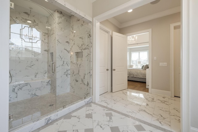 7521 Whiskey Rd, College Grove, TN 37046 - ensuite bathroom featuring a chandelier, a marble finish shower, marble finish flooring, and recessed lighting