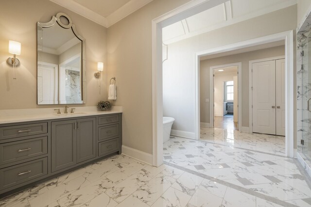 7521 Whiskey Rd, College Grove, TN 37046 - bathroom featuring vanity, a soaking tub, marble finish flooring, and a stall shower
