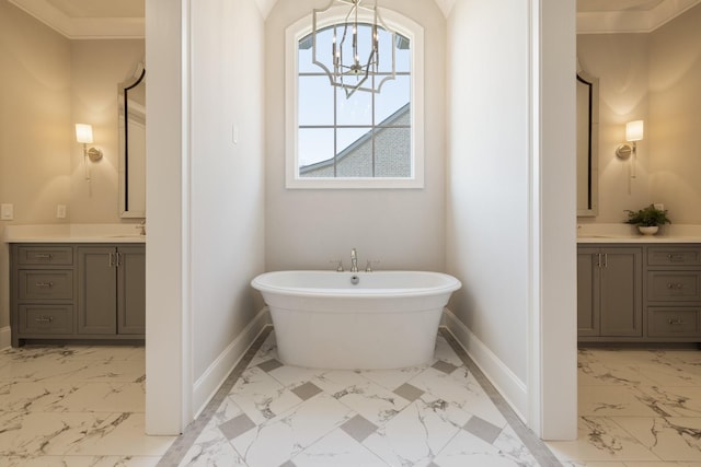 7521 Whiskey Rd, College Grove, TN 37046 - full bath with marble look tile flooring, a freestanding tub, vanity, and a chandelier