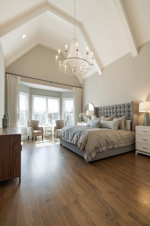 7521 Whiskey Rd, College Grove, TN 37046 - bedroom featuring a chandelier, dark wood finished floors, high vaulted ceiling, and recessed lighting