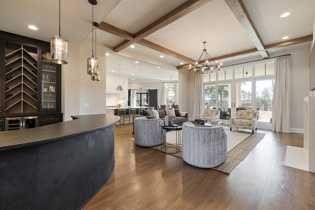 7521 Whiskey Rd, College Grove, TN 37046 - living room featuring beamed ceiling, a chandelier, wood finished floors, recessed lighting, and coffered ceiling