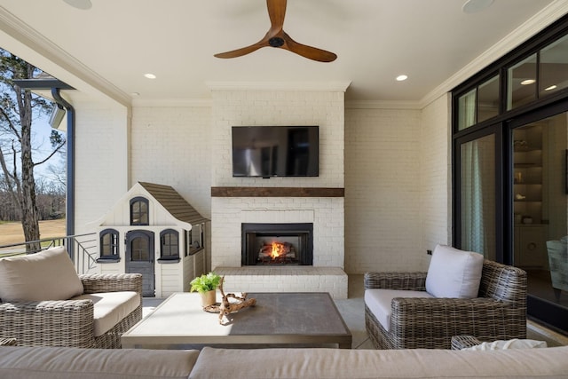 7521 Whiskey Rd, College Grove, TN 37046 - living room featuring crown molding, a ceiling fan, and an outdoor brick fireplace