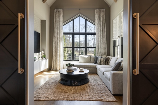 7521 Whiskey Rd, College Grove, TN 37046 - living room featuring wood finished floors and high vaulted ceiling