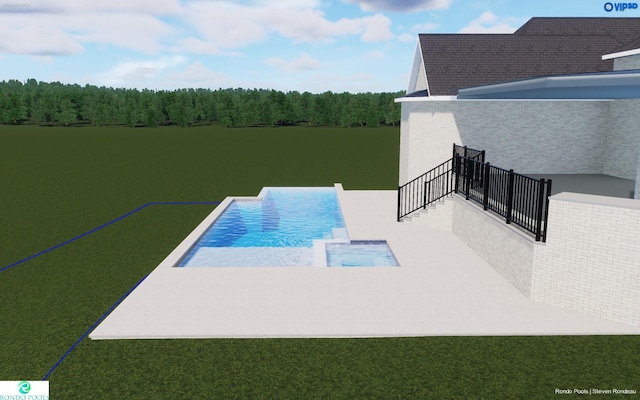 7521 Whiskey Rd, College Grove, TN 37046 - view of pool featuring a forest view, a pool with connected hot tub, and a patio