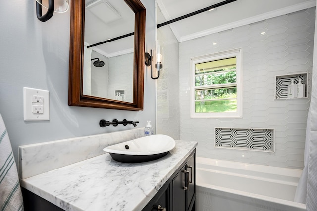330 Cascade Hollow Rd, Normandy, TN 37360 - bathroom featuring vanity, ornamental molding, and shower / bath combo