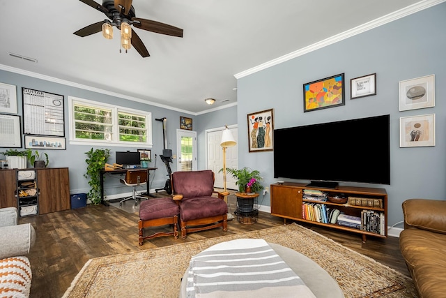 330 Cascade Hollow Rd, Normandy, TN 37360 - living room with wood finished floors, an office area, ceiling fan, and crown molding