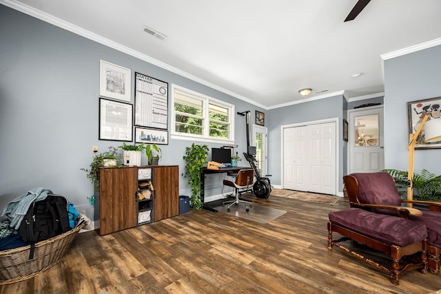 330 Cascade Hollow Rd, Normandy, TN 37360 - home office featuring wood finished floors, crown molding, and a ceiling fan