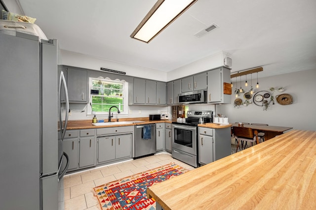 330 Cascade Hollow Rd, Normandy, TN 37360 - kitchen featuring stainless steel appliances, gray cabinets, butcher block countertops, and light tile patterned floors