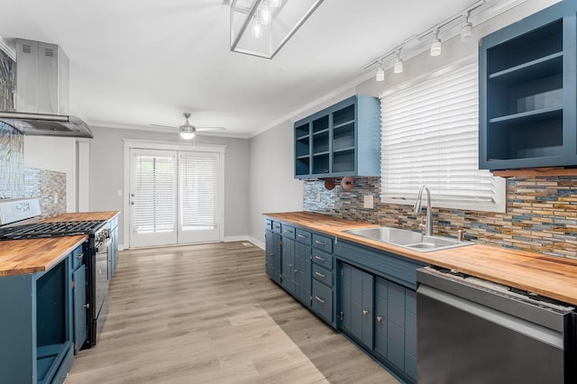 4052 Port Cleburne Ln, Hermitage, TN 37076 - kitchen with wood counters, appliances with stainless steel finishes, exhaust hood, open shelves, and blue cabinets