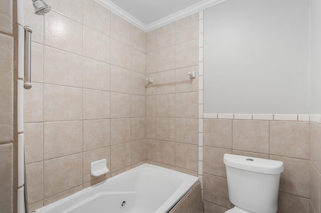 4052 Port Cleburne Ln, Hermitage, TN 37076 - full bathroom with crown molding, tile walls, and a combined bath / shower with jetted tub